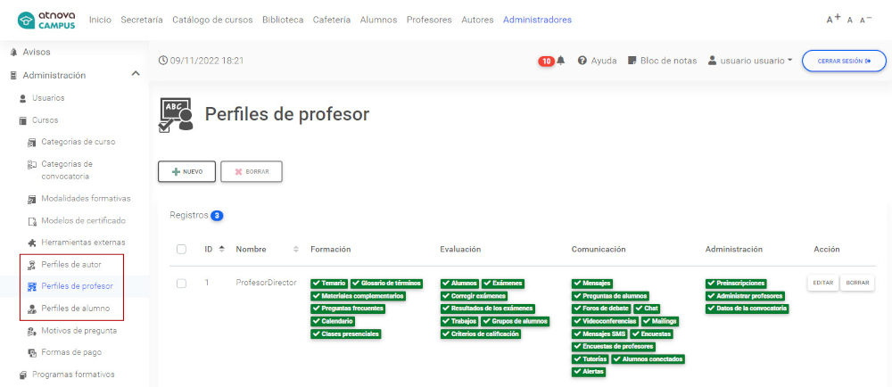 Configuración perfiles