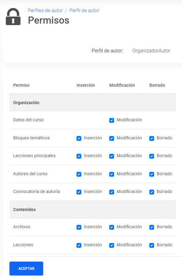 Página permisos